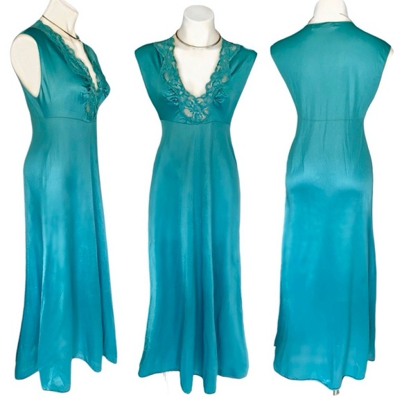 v i n t a g e :: Teal Full Sweep Lace Slip Dress Nightgown Satin Nylon ILGWU - Picture 4 of 11